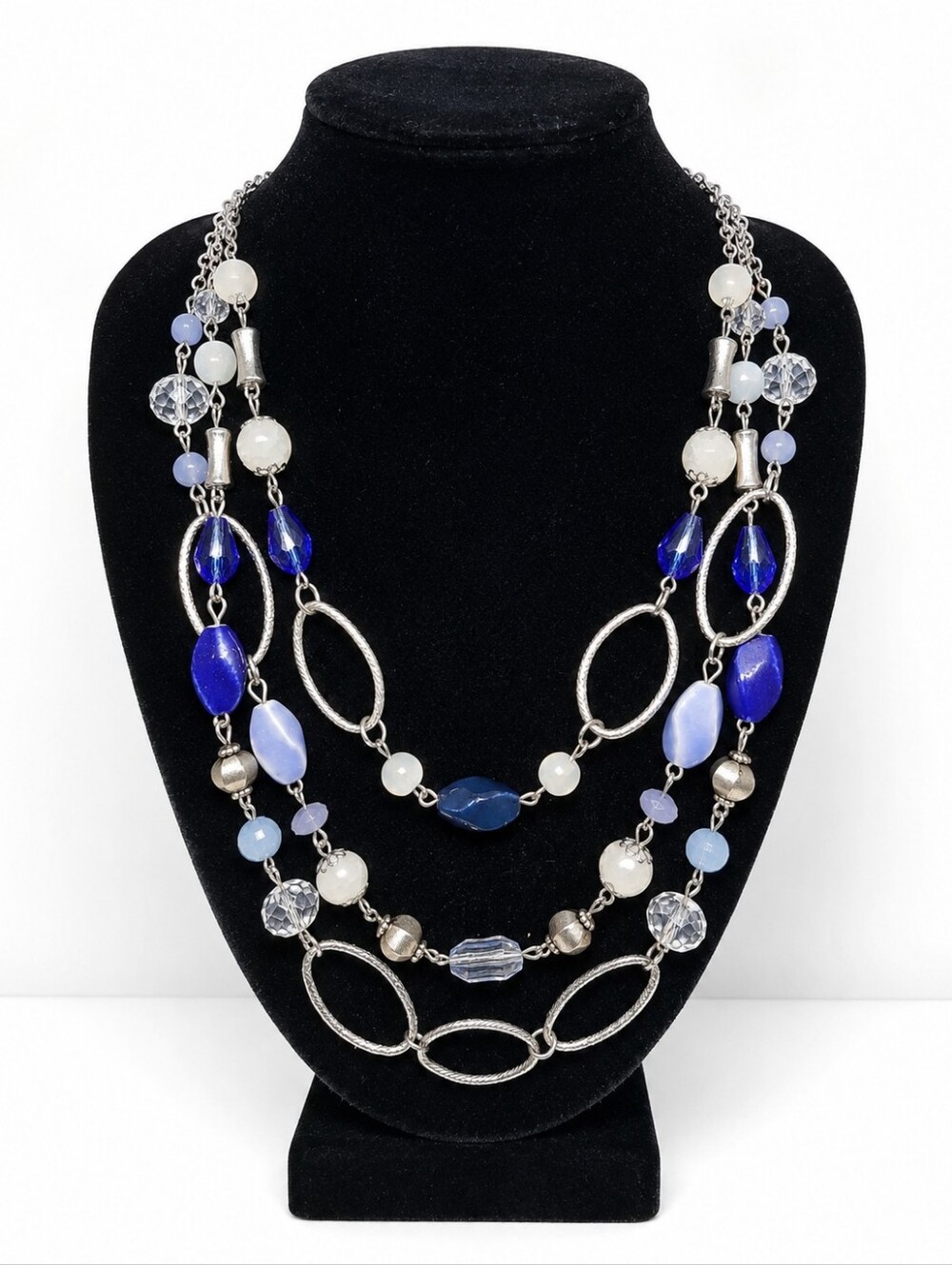 24" Three Layer Blue Beaded Statement Necklace Silver Tone Multi Strand Layered